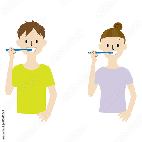 Illustration set of a couple brushing teeth