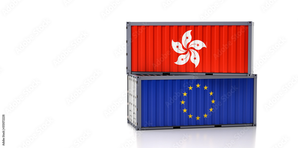 Freight container with Hong Kong and European Union flag. 3D Rendering Freight container with Hong Kong and European Union flag. 3D Rendering