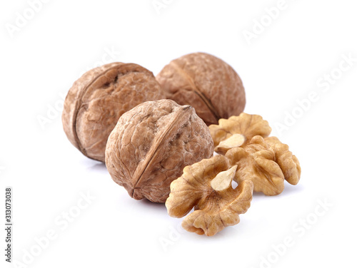 Walnuts in closeup on white background