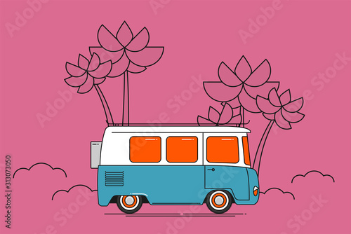 Vector illustration flat old car on beach