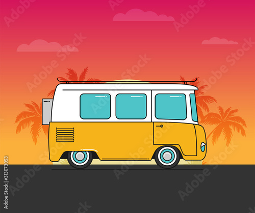 Vector illustration flat old car on beach