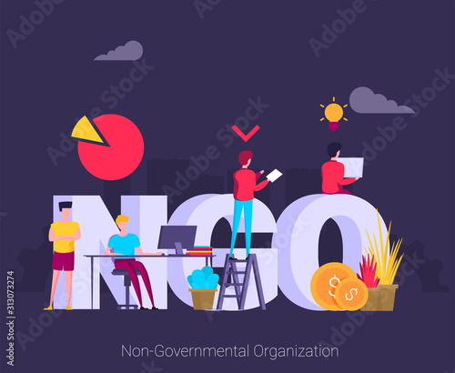 NGO, Non-Governmental Organization. Concept with keywords, letters and icons.