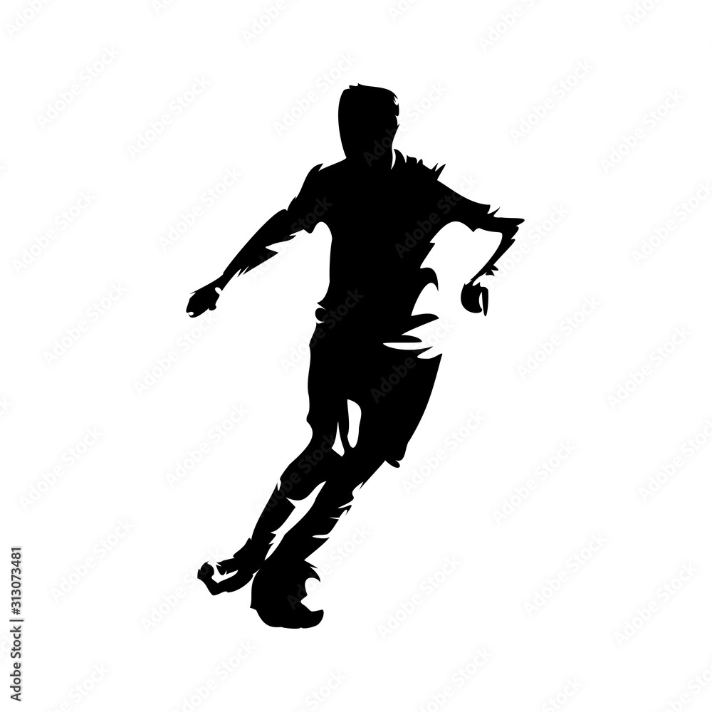 Soccer player running with ball, abstract isolated vector silhouette. Footballer ink drawing, comic style