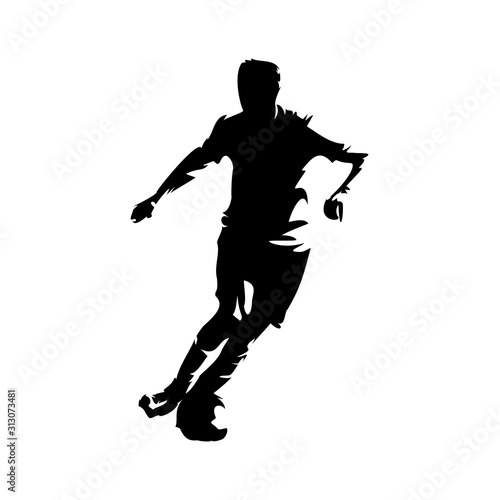 Soccer player running with ball, abstract isolated vector silhouette. Footballer ink drawing, comic style