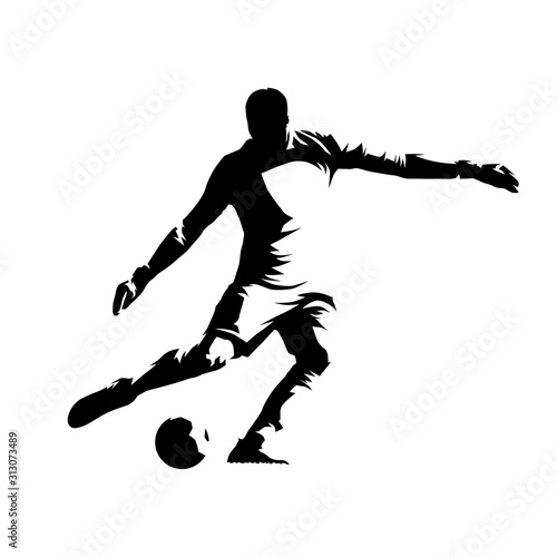 Goalkeeper kicking ball, soccer player, ink drawing. Isolated vector silhouette