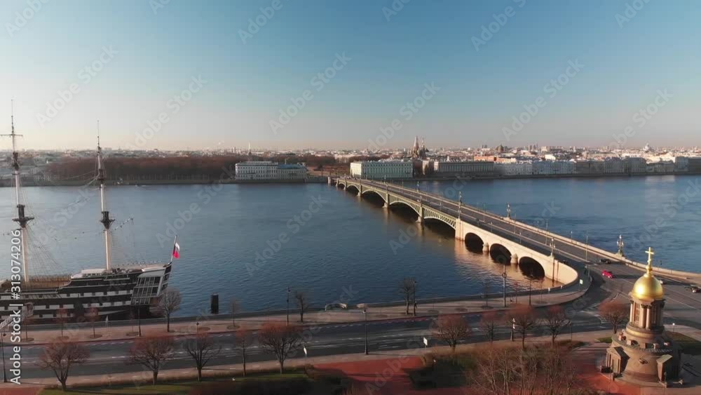 shooting from a drone view of the classical architecture of St. Petersburg on a sunny day blue sky Neva river