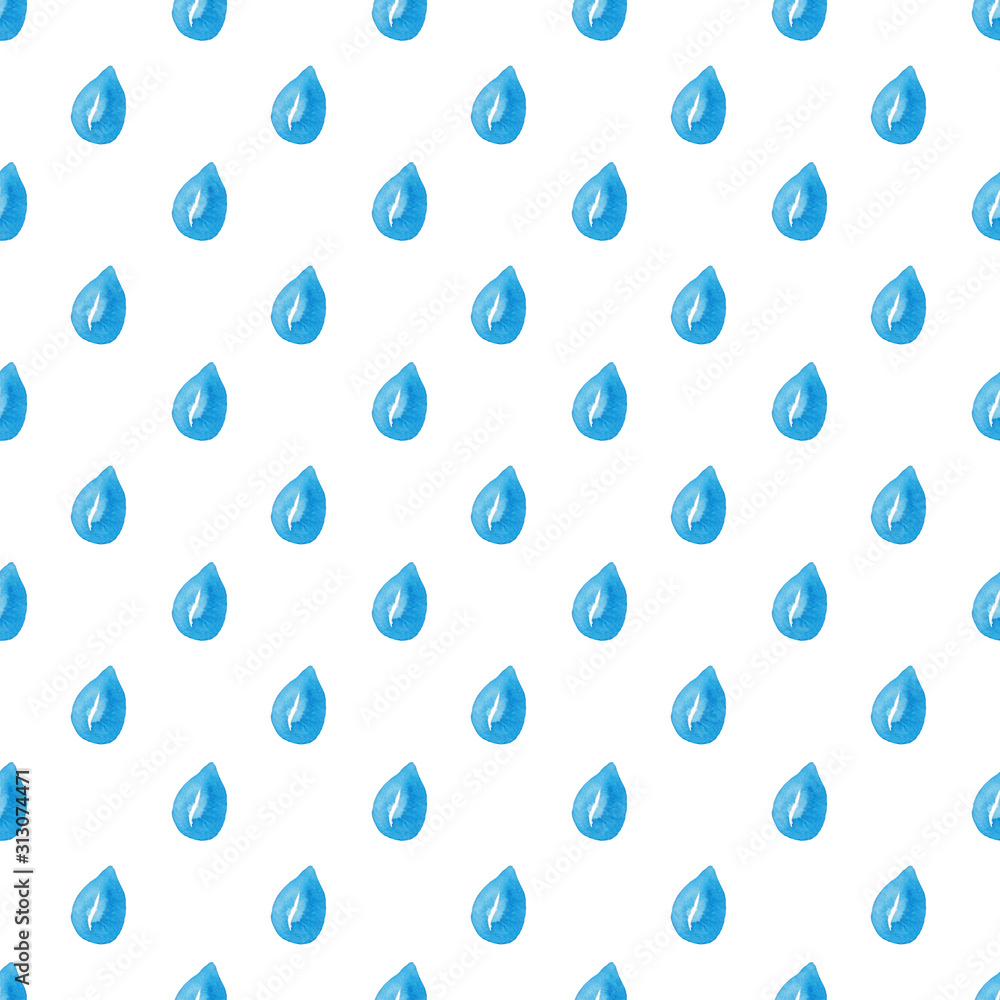 Seamless pattern of watercolor blue drops of water on a white background. Use for invitations, birthdays, menus.