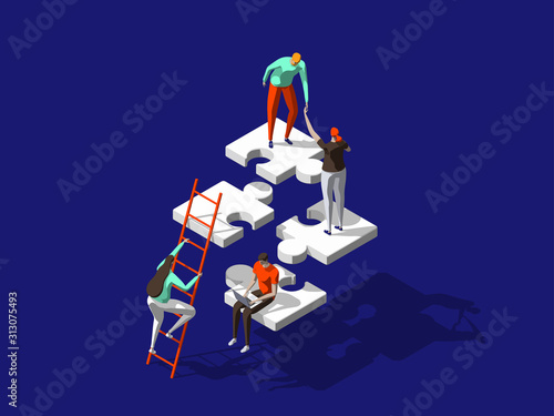 Teamwork concept with persons and puzzle elements. Team Metaphor. Template for web banner, landing page. Flat isometric vector illustration isolated on dark blue background.