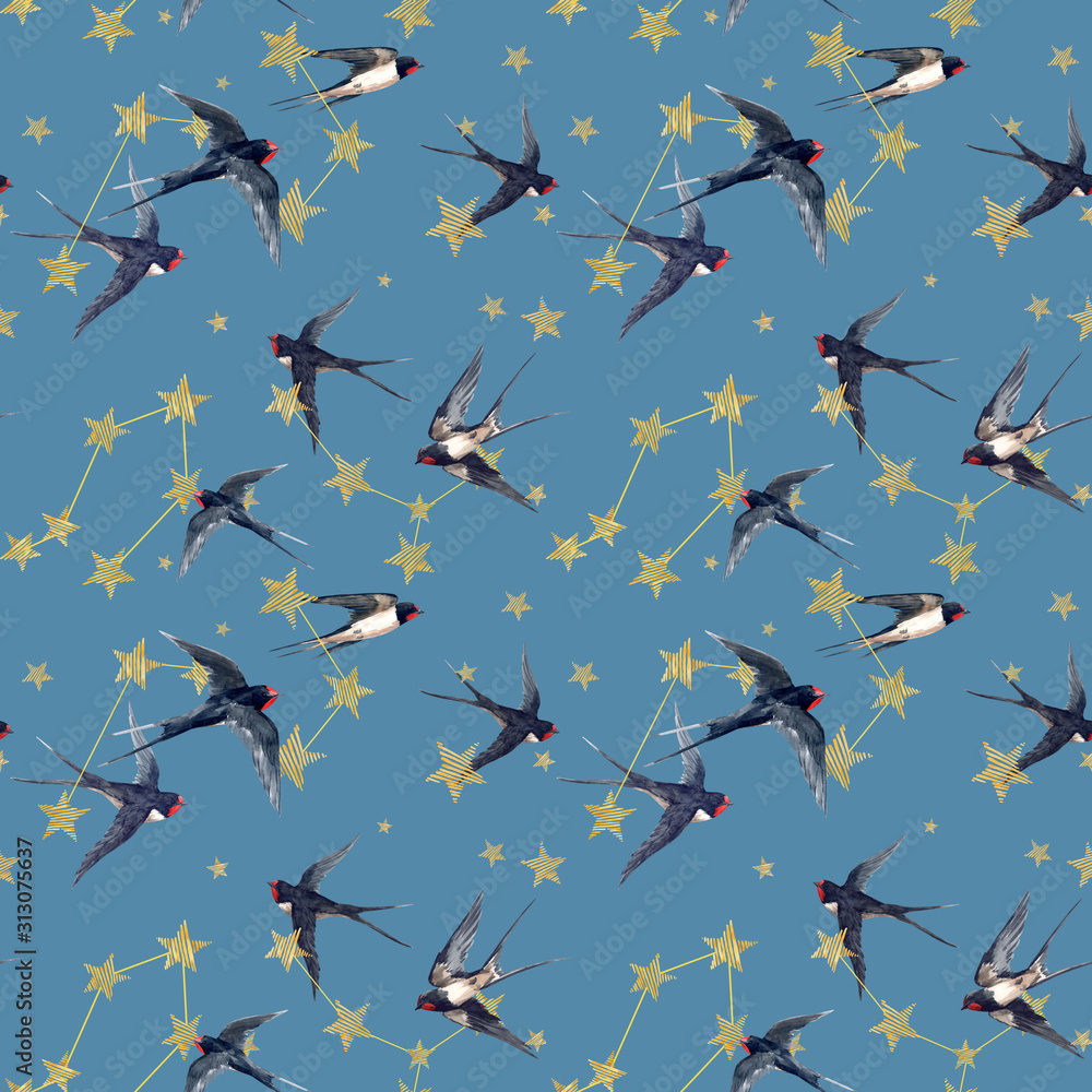 Beautiful seamless pattern with watercolor hand drawn stars and swallow birds. Starry sky. Stock Illustration.