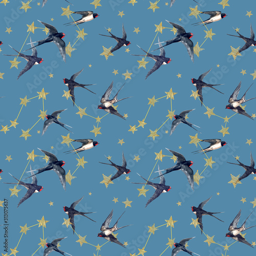 Beautiful seamless pattern with watercolor hand drawn stars and swallow birds. Starry sky. Stock Illustration.