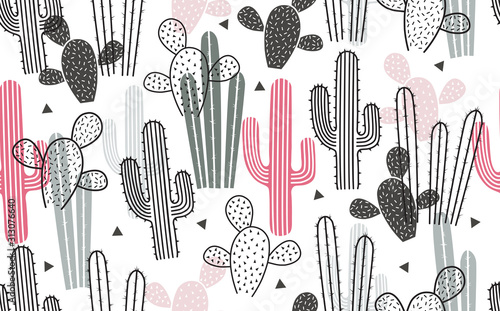 Vector seamless pattern with different cactus. Bright repeated texture with c...