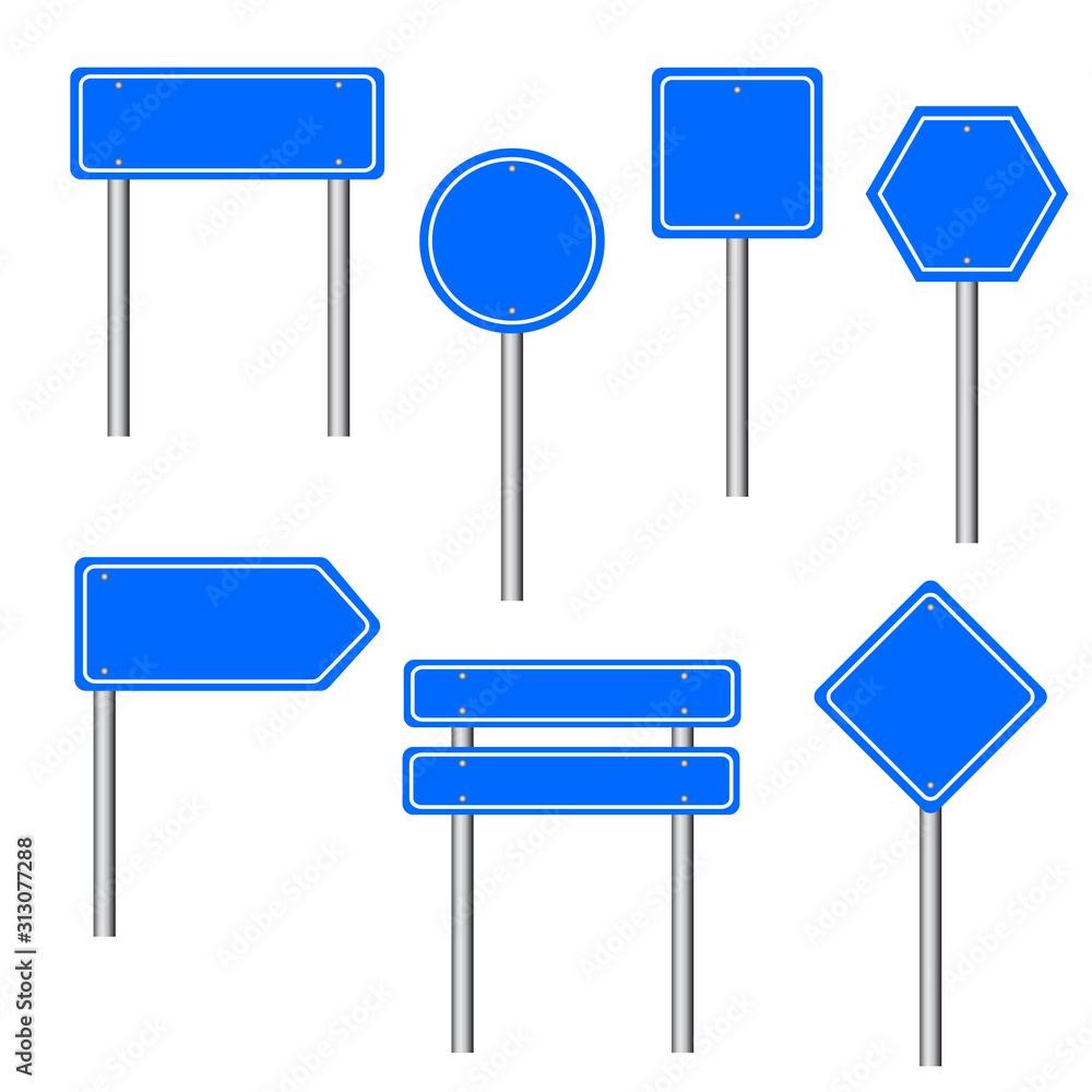 Blue traffic signs. Road board text panel, mockup signage direction highway city signpost location street arrow way vector set Blue traffic signs. Road board text panel, mockup signage direction highway city signpost location street arrow way vector set