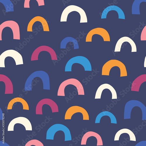 Abstract half circle doodle shapes orange pink white on blue background seamless vector pattern. Geometric shapes kids backdrop. Hand drawn arc shapes, u-shape repeating design for fabric, kids decor