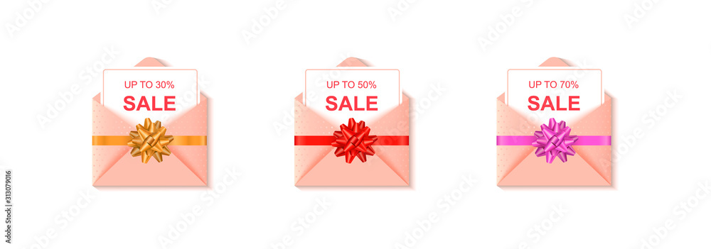 Set of Valentines Day sale labels with cute pink envelope and gift bow. Set of Valentines Day sale labels with cute pink envelope and gift bow.