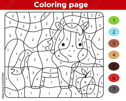 Color by numbers. Educational game for preschool children. Kawaii cartoon character - horse. Farm animals. Worksheet for kids.