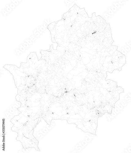 Satellite map of Province of Isernia towns and roads, buildings and connecting roads of surrounding areas. Molise region, Italy. Map roads, ring roads