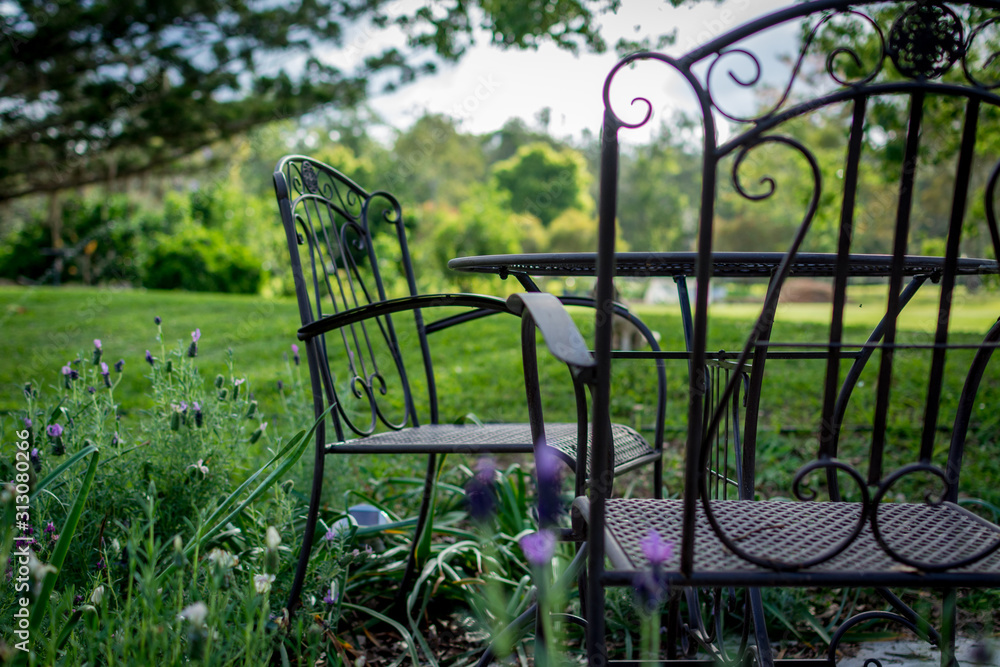 rustic chair and table in the garden