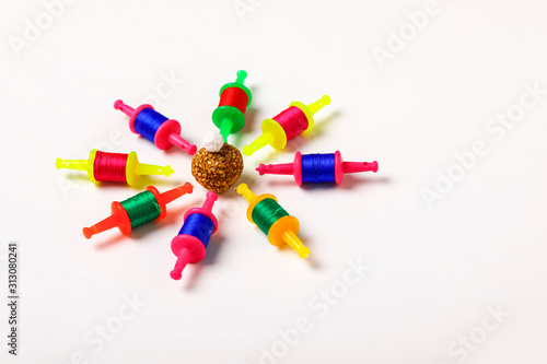 Indian festival makar sankranti concept, Kite String with Sesame seed ball or til ke laddo photo