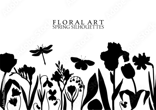 Spring flowers vector template. Hand drawn floral silhouettes. Botanical illustrations of tulips, crocus, freesia, iris, narcissus, snowdrops, cyclamen. Great for card, invitation, logos 