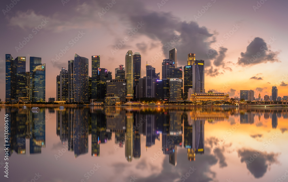 Central Business District, Singapore - Aug 2019 - CBD view Merlion from Marina By blue hour sunset lights