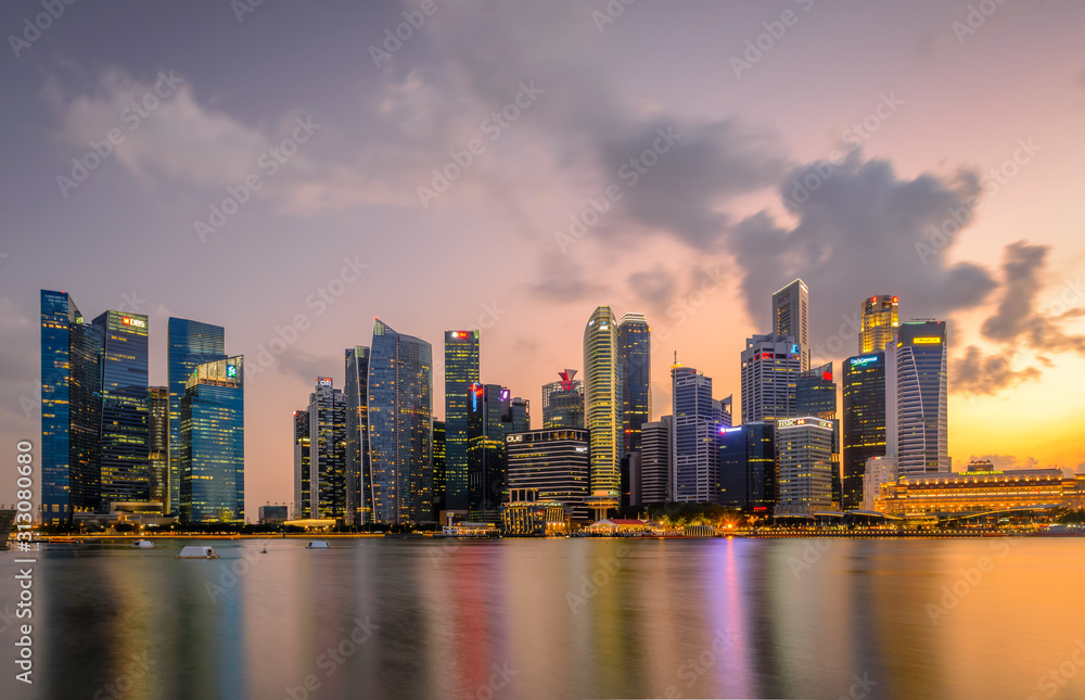 Central Business District, Singapore - Aug 2019 - CBD view Merlion from Marina By blue hour sunset lights