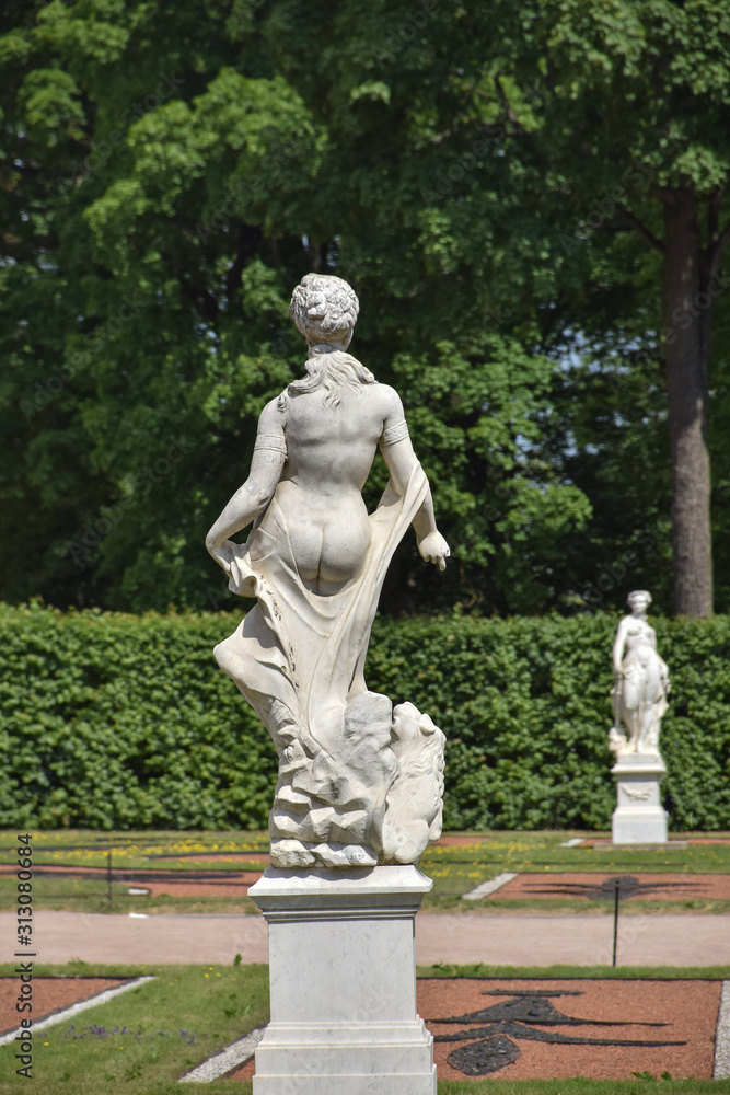 Horizontal view for the russian landmark Catherine Palace , outdoor park and sculpture art , garden , Rococo palace located in the town of Tsarskoye in St petersburg ,Pushkin Russia