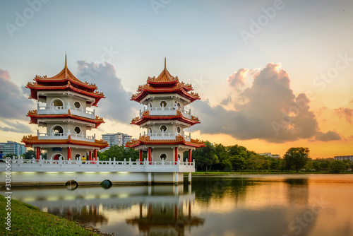 Beautiful dusk hour at Singapore Chinese Garden, a public park in Jurong East, Singapore. Designed by an architect from Taiwan, with concept based on Chinese gardening art