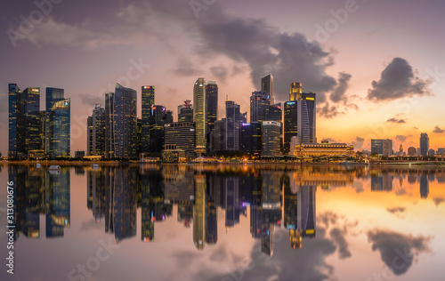 Central Business District  Singapore - Aug 2019 - CBD view Merlion from Marina By blue hour sunset lights