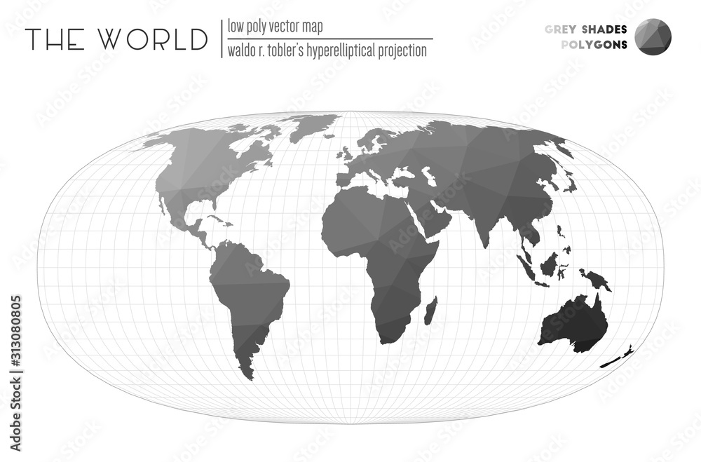Abstract geometric world map. Waldo R. Tobler's hyperelliptical projection of the world. Grey shades colored polygons. Energetic vector illustration. Abstract geometric world map. Waldo R. Tobler's hyperelliptical projection of the world. Grey shades colored polygons. Energetic vector illustration.