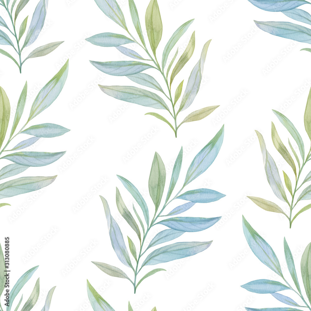 Fototapeta premium Birch branches with leaves on a white background. Seamless botanical pattern of watercolor leaves.