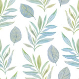 Branches with leaves on a white background. Seamless botanical pattern of watercolor leaves.