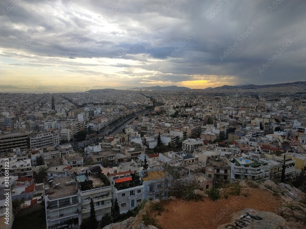 View on the Athens cityscape at summer sunset, Greece