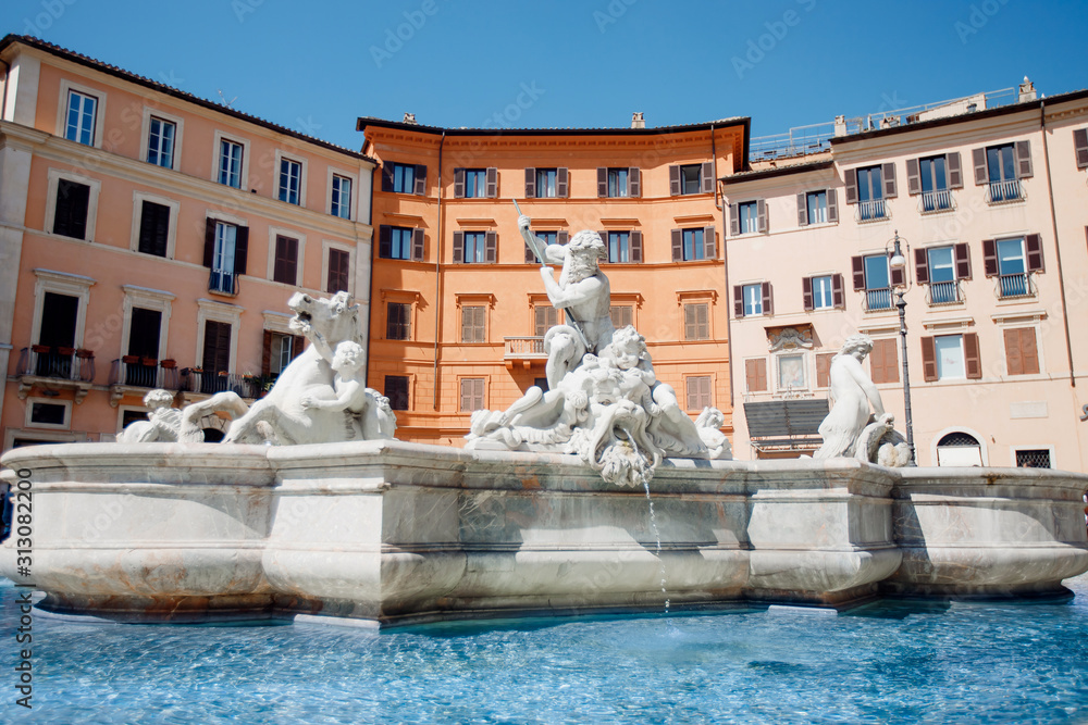 Fountain Four rivers in Piazza Navona, Rome, Italy, Europe, blue sky light sun