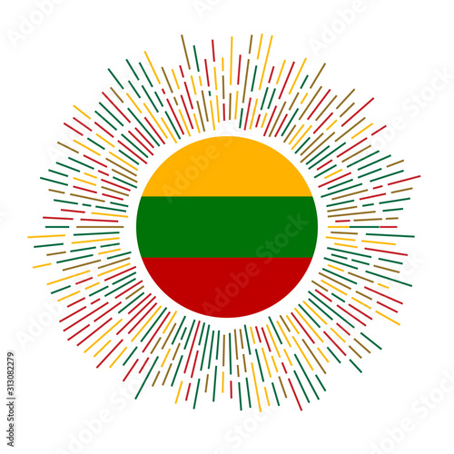 Lithuania sign. Country flag with colorful rays. Radiant sunburst with Lithuania flag. Vector illustration.