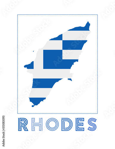 Rhodes Logo. Map of Rhodes with island name and flag. Classy vector illustration.