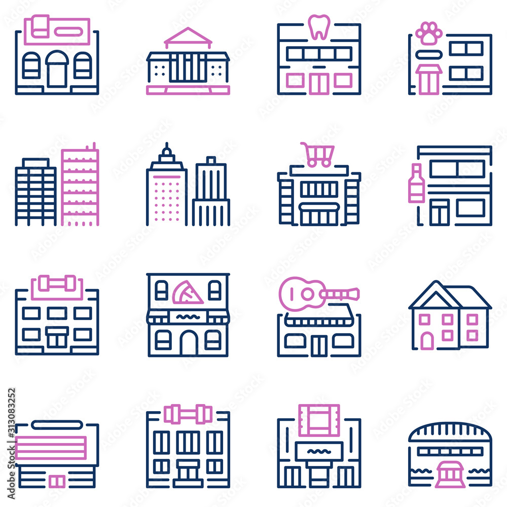 Fototapeta premium City locations color linear icons vector set