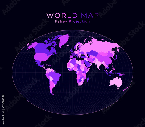World Map. Fahey pseudocylindrical projection. Digital world illustration. Bright pink neon colors on dark background. Charming vector illustration.