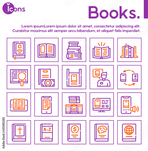 Books reading color linear vector icons set