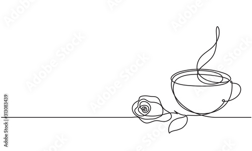 Cup and rose flower. Continuous line drawing. Sketch. Tea or coffee.