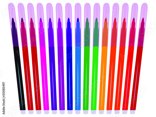 Set of fifteen markers with basic colors for drawing and painting. For sale and advertising markers and drawing them. Felt-tipped pen for courses on drawing. Set of markers with a cap for children.