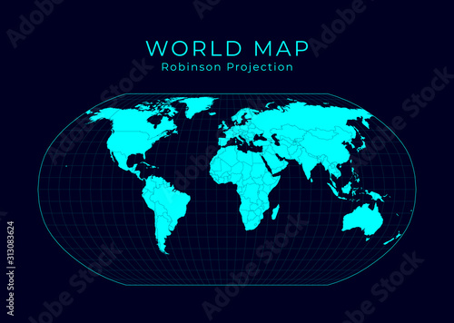 Map of The World. Robinson projection. Futuristic Infographic world illustration. Bright cyan colors on dark background. Vibrant vector illustration.