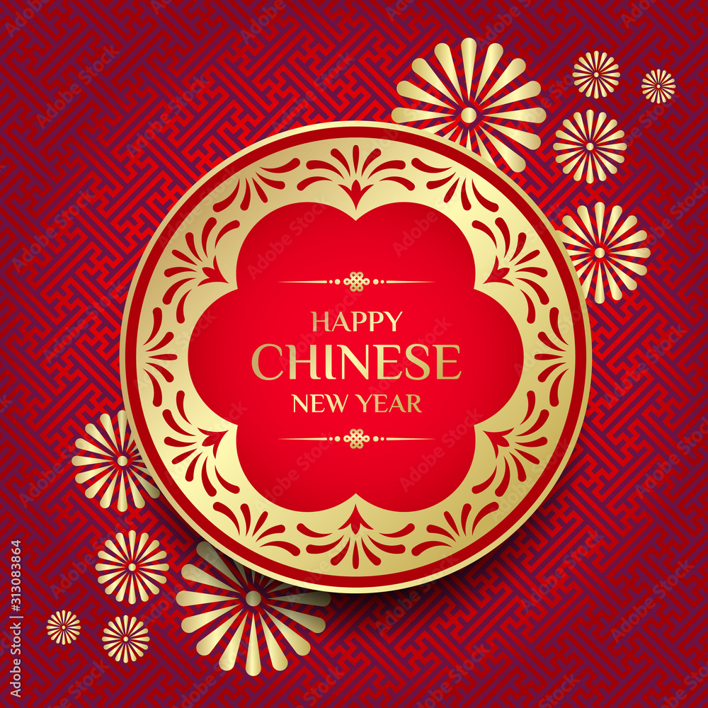 Happy Chinese new year text on red gold circle banner and gold flower on china pattern background vector design