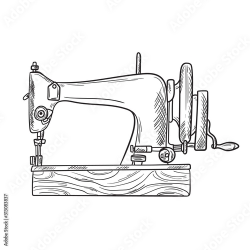 hand drawn illustration of the vintage sewing machine. isolated on white background. Side view.