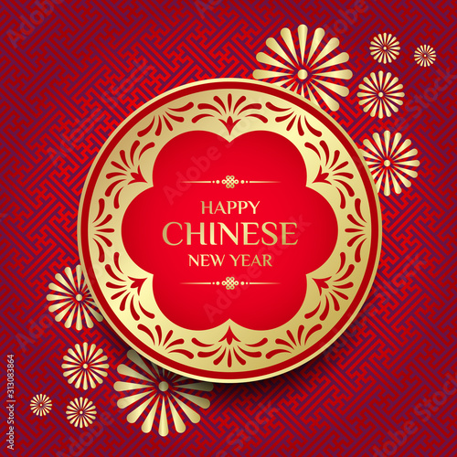Happy Chinese new year text on red gold circle banner and gold flower on china pattern background vector design