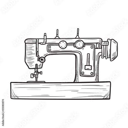 hand drawn illustration of the vintage sewing machine. isolated on white background. Side view.