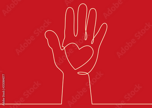 Hand with heart. Raised hands volunteering vector concept one line