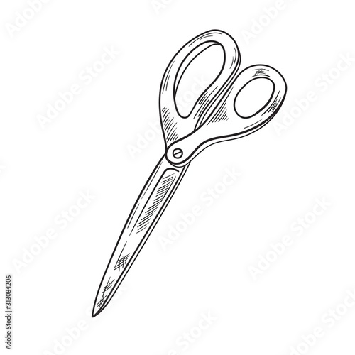 hand drawn illustration of sewing and clothes-making scissors in vintage engraved style. Dressmakers shears isolated on white background.