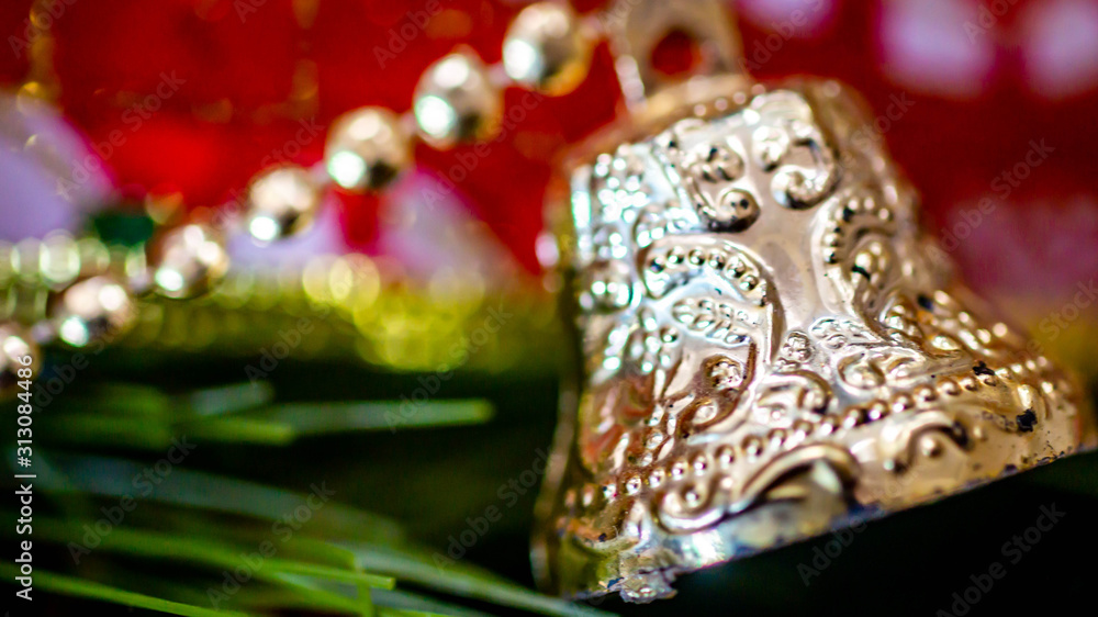 Golden bell hanging on Christmas tree Golden bell hanging on Christmas tree