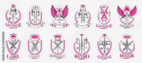 Weapon emblems vector emblems big set, heraldic design elements collection, classic style heraldry armory symbols, antique knives armory arsenal compositions.