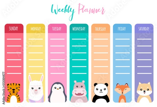 Cute weekly planner animal vector hand drawn for kid